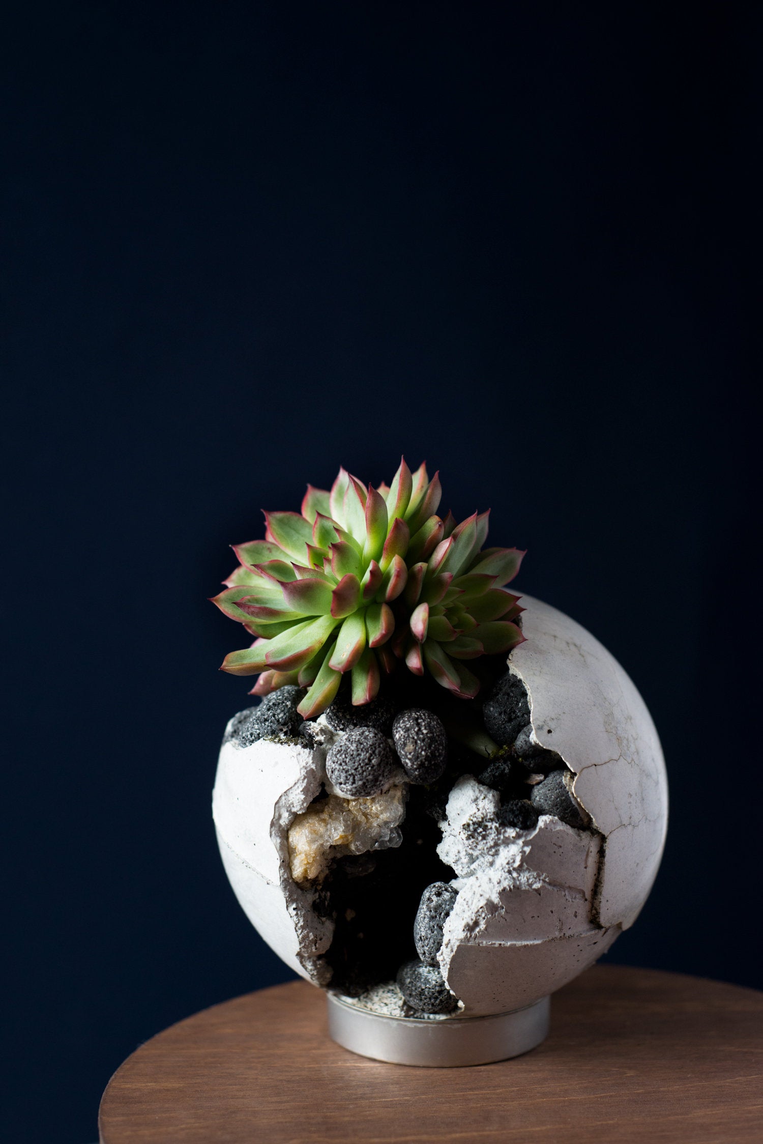 Concrete Orb with Celestite Crystal and Succulent 